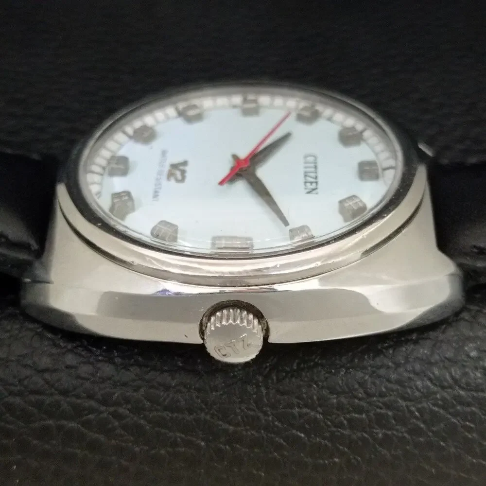 Vintage 1981 Citizen Manual Wound Mens Silver Watch W/Date & Red accents